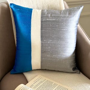 Pure Silk Decorative Throw Pillow Cover, 16&quot;x16&quot; Rich Blue/Grey Color Block Cushion Cover, Modern Style Silk Pillowcase - Splendour Blue