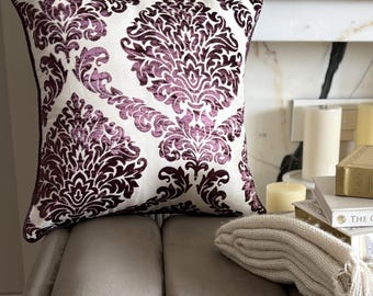 Wine Velvet, Damask Pattern, Victorian Style Throw Pillow Cover / Euro Sham - Damask Wine