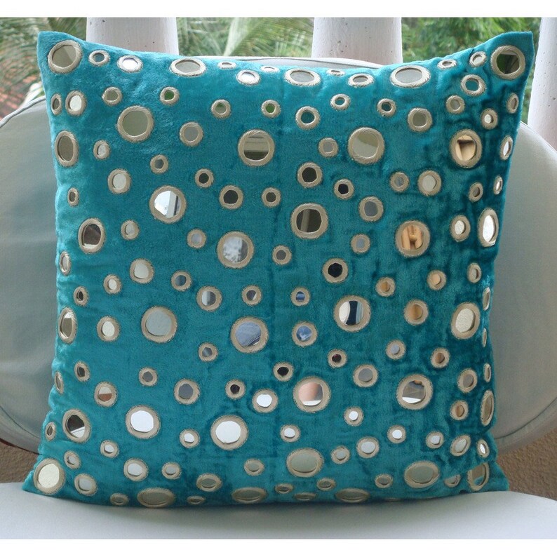 Luxury Turquoise Blue Bed Pillow case 24x24/26x26, Velvet Pillow Sham Pillow Case Cover Circles Dots Contemporary Aqua Reflections image 4