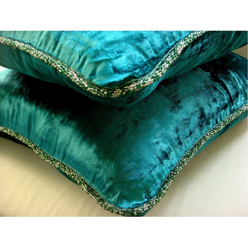 Decorative Royal Peacock Green Throw Pillow Custom 16x16, Velvet Sofa Throw Couch Cushion Cover Solid Royal Peacock Green Shimmer image 2