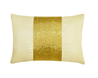 Decorative Oblong / Lumbar Rectangle Pillow Cover Corduroy /Beige In Cream Art Silk with Gold Beaded Embroidery Modern - Glittering Gold