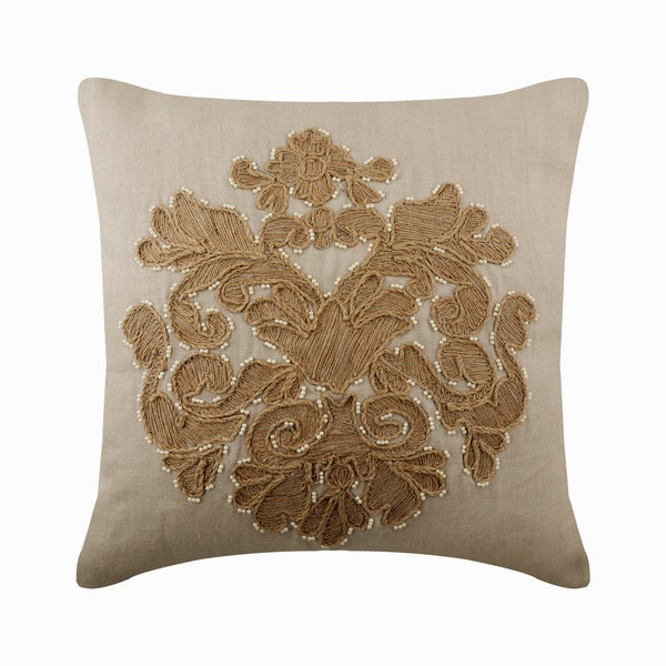 16"x 16" Decorative Beige Pillow Cover, Linen Throw Pillow For Sofa with Jute & Pearl Embroidery Cushion Cover Modern Style - Jutty Damask