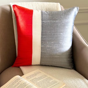 Pure Silk Decorative Throw Pillow Cover, 16"x16" Rich Orange/Grey Color Block Cushion Cover, Modern Style Silk Pillowcase - Splendour Orange