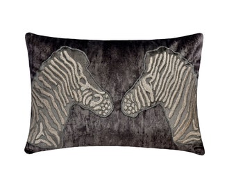 Decorative Oblong / Lumbar Rectangle Throw Pillow Cover 12x16 Inch Grudge Suede in Grey with Zebra Applique & Embroidery - Zanzabar