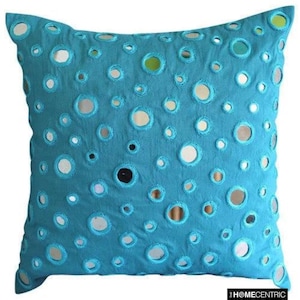 16&quot;x16&quot; Designer Turquoise Blue Cushion Cover, Velvet Pillow Case Toss Pillow Cover Circles Dots Contemporary Style - Aqua Reflections