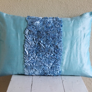Decorative Oblong / Lumbar Rectangle Throw Pillow Covers Accent Pillow Couch Bed Toss 12x16 Silk Pillows Ribbon Embroidered - Sky Blue Love