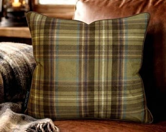 Olive Green / Brown Velvet Plaid, Checkered Pattern, Modern Throw Pillow Cover / Euro Sham