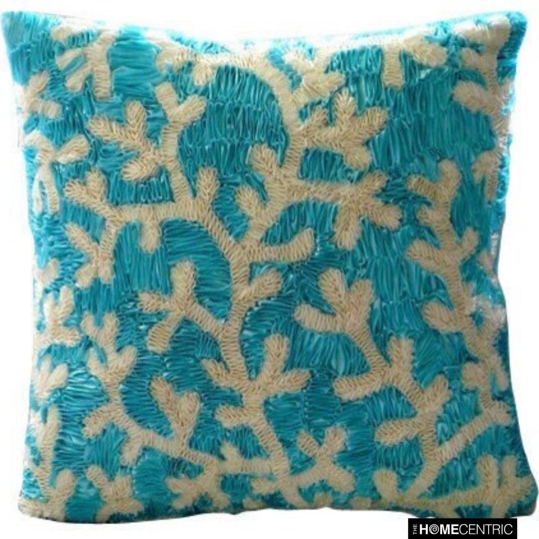 16"x16" Handmade Aqua Blue Sofa Cushion Cover, Art Silk Throw Pillow Cover Corals Throw Pillow Case Sea Creatures Beach - Aqua Ornate