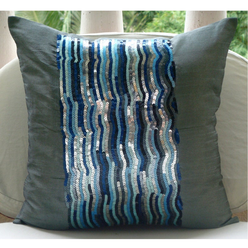 Decorative Blue European Cushion Cover 24x24 / 26x26, Art Silk Pillow Case Toss Pillow Cover Striped Pattern Modern Silver Blue Jazz image 5