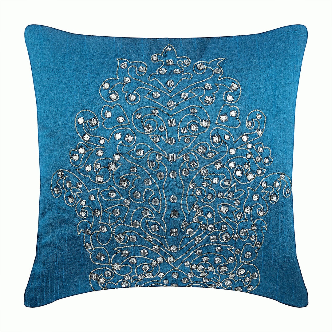 Art Silk Royal Blue Pillow Cases Vintage 16x16, Designer Couch Pillow