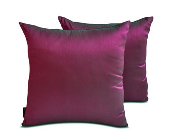 Pack of 2 Fuchsia & Green Art Silk Pillow Covers,Square Throw Pillow Cover,Iridescent Cushion Cover,Plain Pillow Case - Fuchsia Green Luxury