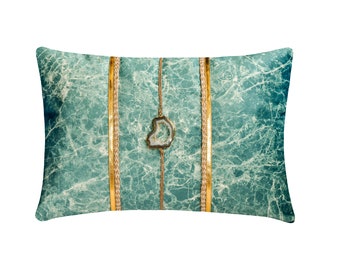 Decorative Oblong Cushion / Lumbar Pillow Cover Teal Marble Pattern Suede with Natural Solar Quartz Gemstone Bedroom - Solar Quartz Teal