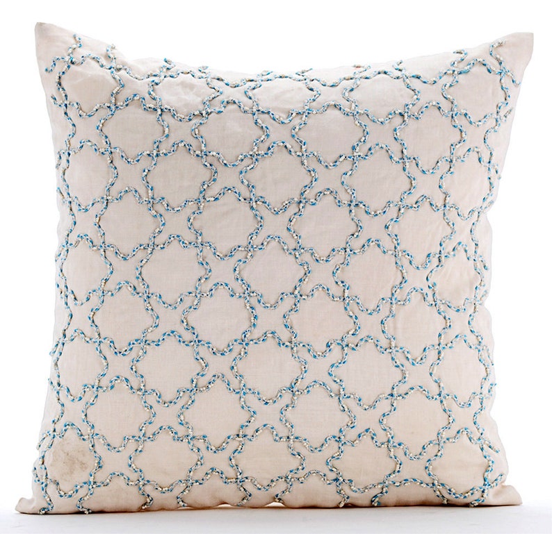 24x24 Ivory White Cotton Linen Pillow Sham Covers Decorative Jute Pillow Sham Covers Square Aqua Blue Jute Cord Pillows Cover Mykonos