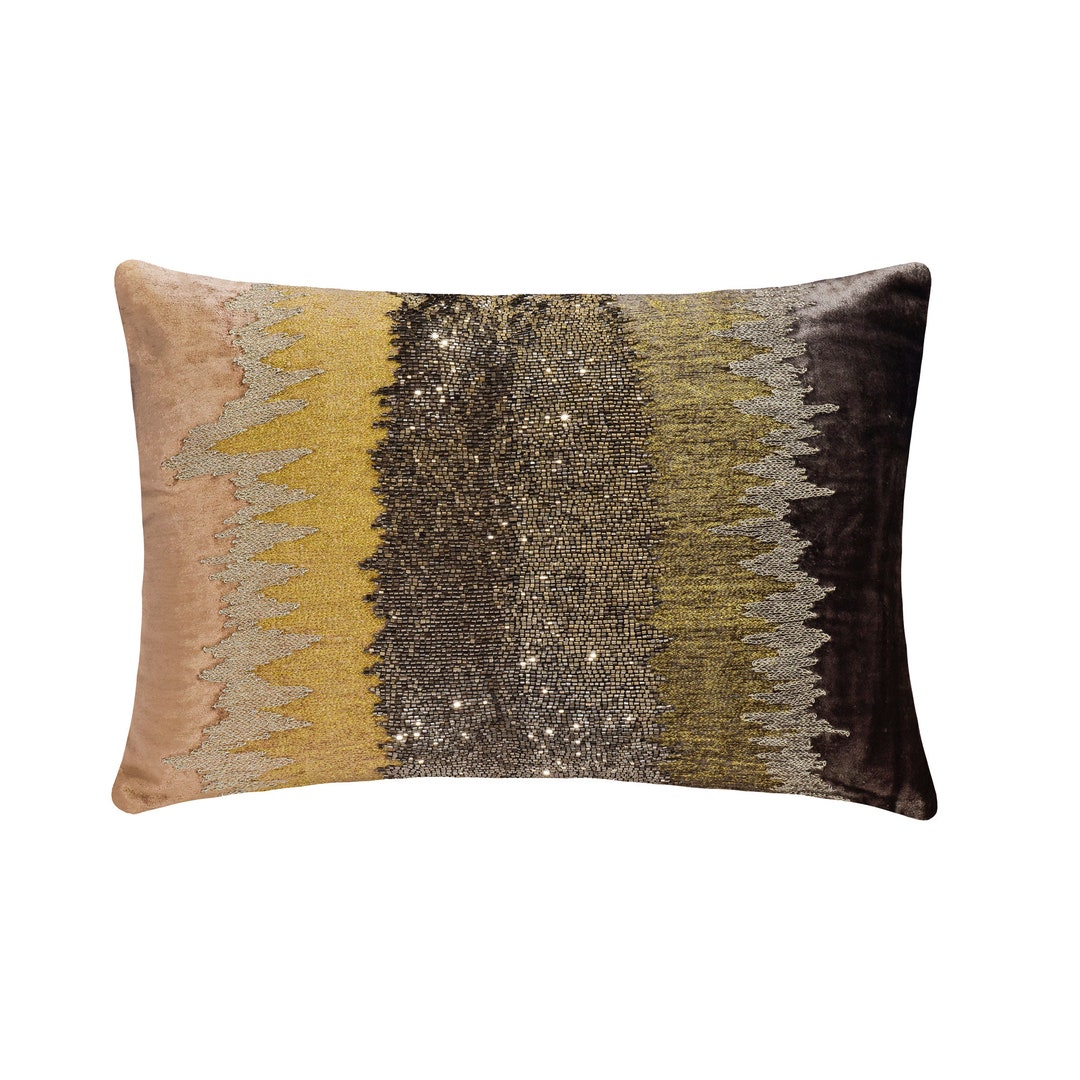 Decorative Oblong / Lumbar Throw Pillow Cover Charcoal Grey / Gold Velvet Pillow With Zardozi