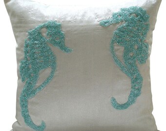 Art Silk White Pillow Cover Cushion 16"x16" , Handmade Pillow Case Cover Sea Horse Couch Throw Sea Creatures Beach Style - Sea Horse Aqua