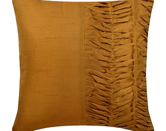 Decorative Pintuck, Textured, Striped Gold Brown Pillow Sham 24"x24"/26"x26", Art Silk Euro Pillowcase Couch Pillow - Gold Brown Pleats