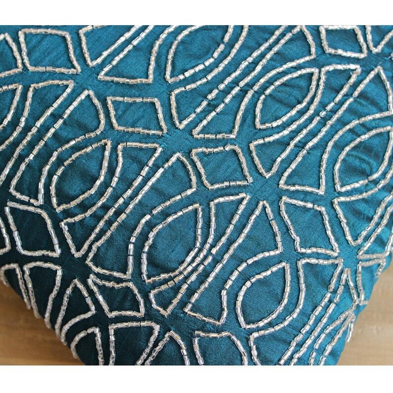 Designer Trellis, Lattice Couch Cushion Cover 16"x16", Art Silk Throw Cushion Royal Peacock Green Couch - Geometric Royal Peacock Green image 3