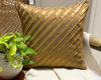 Gold Art Silk Striped Decorative Throw Pillow Cover, 16"x16" Pintucks Pillowcase, Modern Style Textured Cushion Cover- Unfolding Gold Copper