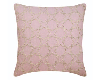 Handmade Pink European Pillow 24"x24"/26"x26", Cotton Linen Toss Pillows Abstract, Lattice, Trellis, Jute Bed Pillow - Pink Italy