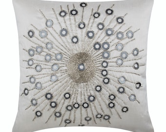 Art Silk Ivory Throw Pillow Cover 16"x16", Decorative Couch Throw Circles Pillow Case Abstract Modern Home Decor Pillow - Silver Moons