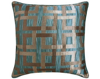 Decorative Throw Pillow Cover 16x16 Inch Teal Blue Cushion Cover, Jacquard Pillow Cover For Sofa Bedroom Geometric Modern Style - Ataro