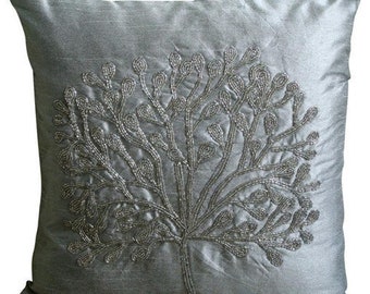 Luxury Tree Throw Pillow Cover 16"x16", Art Silk Sofa Pillow Silver Sofa Cushion Nature Floral Pattern Modern Style - The Silver Tree