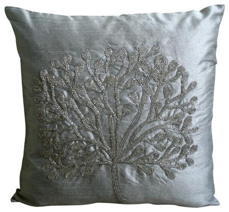 Luxury Tree Throw Pillow Cover 16x16, Art Silk Sofa Pillow Silver Sofa Cushion Nature Floral Pattern Modern Style The Silver Tree image 1