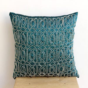 Designer Trellis, Lattice Couch Cushion Cover 16"x16", Art Silk Throw Cushion Royal Peacock Green Couch - Geometric Royal Peacock Green image 7