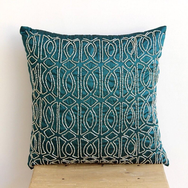 Designer Trellis, Lattice Couch Cushion Cover 16"x16", Art Silk Throw Cushion Royal Peacock Green Couch - Geometric Royal Peacock Green image 7