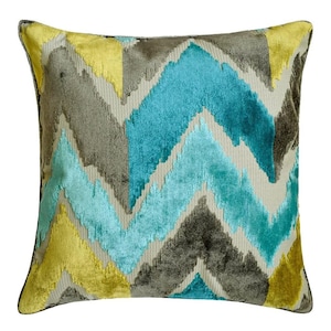 Decorative Cushion 16&quot;x16&quot; Designer Chevron Pattern Turquoise/Chartreuse Velvet Toss Throw Pillow Cover Modern Bedroom Home Decor - Cordelia