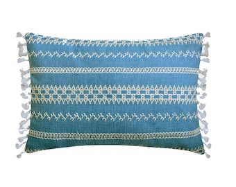 Decorative Oblong / Lumbar Throw Pillow Cover in Blue Cotton Matte Fabric with Stich Embroidery Pattern & Tassel Lace Home Décor- Threadwork
