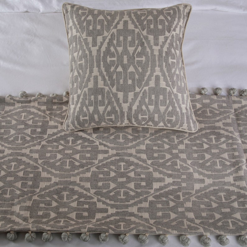 Grey Aztec King Queen Twin Grey Bed Runner with Decorative Throw Pillow Cover Modern Contemporary Cotton Aztec Pattern with Tassels