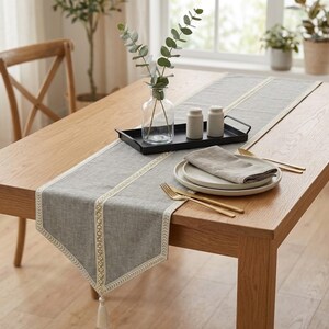 Grey Jute, Bordered Pattern with Jute & Pearl Lace, Contemporary Table Runner - Pearl Aura