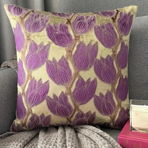 Olive Green / Purple Velvet, Embroidered Nature & Floral Pattern, Modern Throw Pillow Cover / Euro Sham -Tulip Around