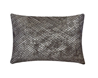 Decorative Oblong Cushion / Lumbar Pillow Cover Grey Suede with Silver Foil Beaded Chevron Pattern Bed Pillow Modern Home - Silver Lucent