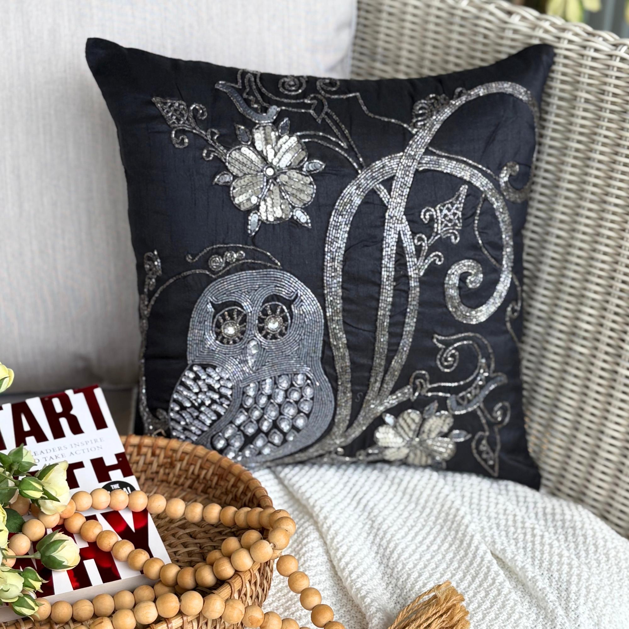 Black Sequin & Beaded Owl Art Silk Throw Pillow Cover, 16x16 Modern Birds Design Cushion Cover -