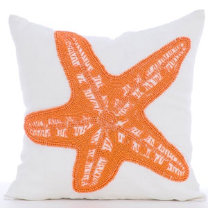 16&quot;x16&quot; Designer White Pillow Custom, Cotton Linen Cushion Pillow Starfish Pillow Cushion Sea Creatures Beach Home Decor - Starfish Makeover