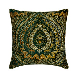 Decorative Throw Pillow Cover 16x16 Inch Opulent Dark Green / Mustard / Ivory Woven Damask Fabric Cushion Cover - Timeless Tapestries