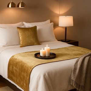 May include: A bed featuring white bedding, a mustard yellow velvet bed runner, and a matching square velvet throw pillow. A dark circular tray sits on the runner holding two lit white pillar candles. A beige knit throw blanket hangs off the side.