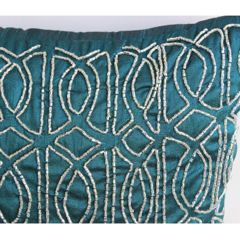 Designer Trellis, Lattice Couch Cushion Cover 16"x16", Art Silk Throw Cushion Royal Peacock Green Couch - Geometric Royal Peacock Green image 4