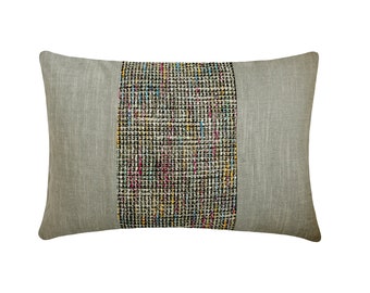Decorative Oblong / Lumbar Throw Pillow Cover in Grey Linen Fabric with Multicolor Jute Patchwork Contemporary Bedroom Decor - June Mix