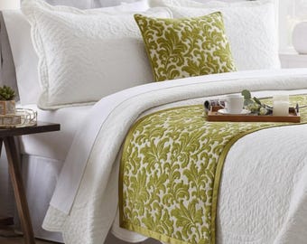 King / Queen / Twin Chartreuse Runner with Matching Throw Pillow Cover Velvet Floral Pattern Modern Bedroom Decor - Enchanted Chartreuse