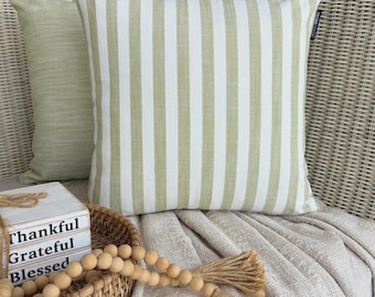 Striped Throw Pillow Cover 16x16 Inch Cotton Green Stripes Pillow, Country and Farmhouse Pillows, Nursery Pillow - Stripe Plush Sage