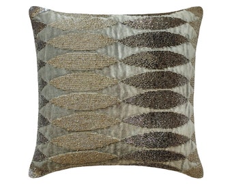 Decorative Pillow Case 16"x16" Gray / Silver Velvet Cushion Throw Pillow Cover Beaded Modern Home Decor Style - Velvet Bedecked