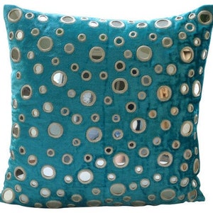Luxury Turquoise Blue Bed Pillow case 24x24/26x26, Velvet Pillow Sham Pillow Case Cover Circles Dots Contemporary Aqua Reflections image 1