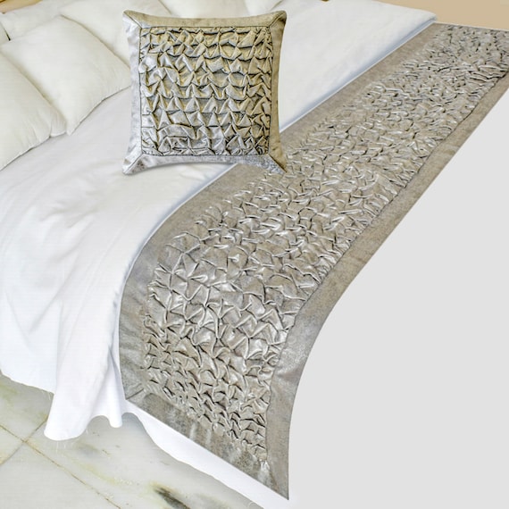 King Queen Twin Silver Gray Bed Runner With Matching Throw Pillow Cover in Textured Knotted Silver Gray Foil Polished Silver Etsy