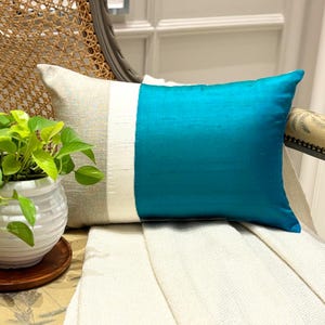 Modern Lumbar Pillow Cover 12x20 Turquoise Silk & Beige Cotton Linen Patchwork Oblong Cushion Cover for Couch/Sofa - Turquoise Silk Essence