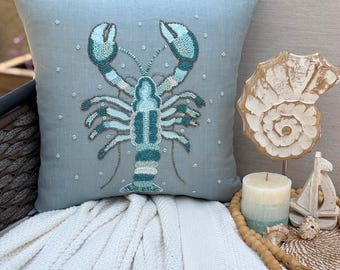 Beaded Lobster Coastal Cotton Linen Decorative Euro Sham Pillow Cover, 24x24/26x26 Dull Blue Pillow Sham Beach Style Cushion Cover