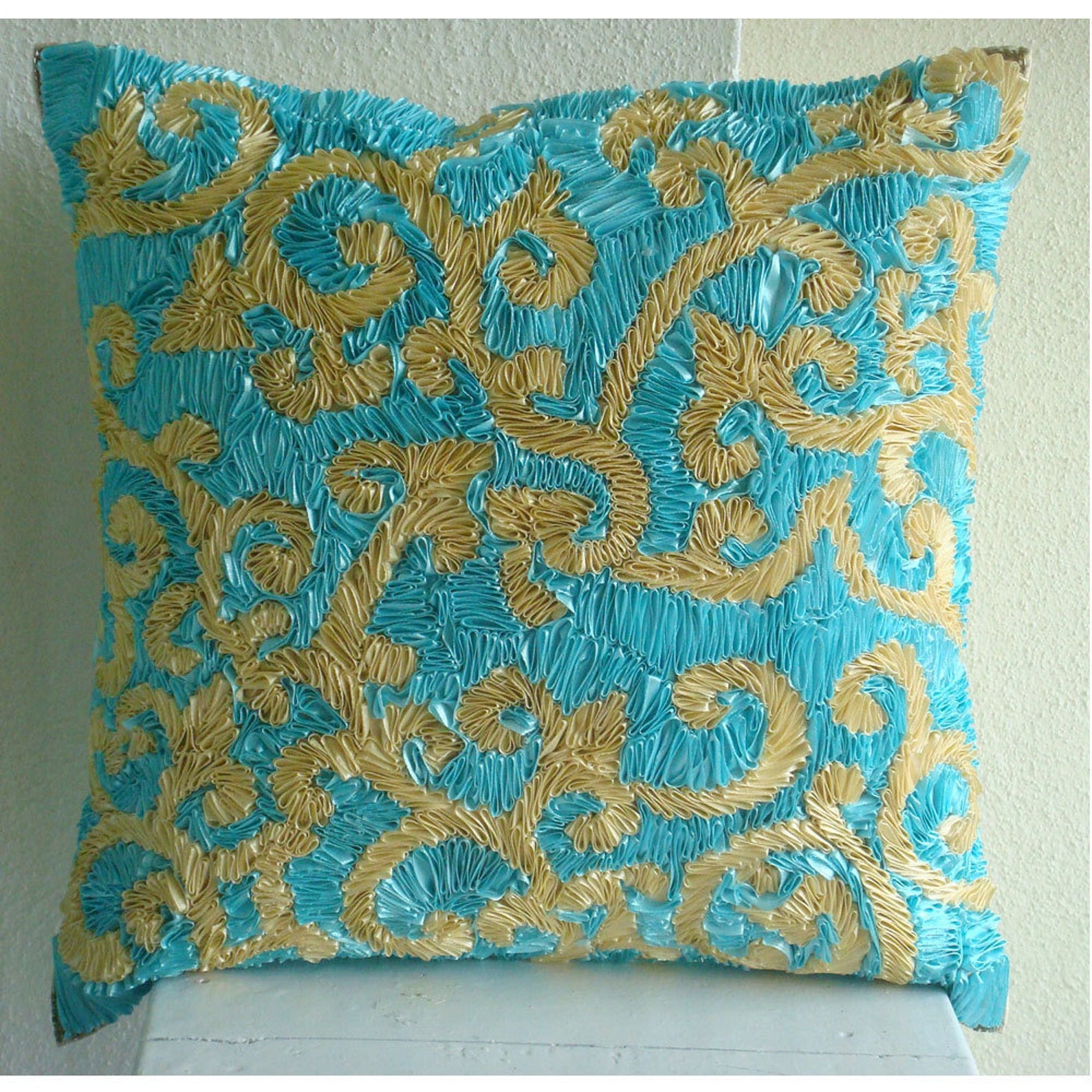 Blue Chanderi Silk Applique Cushion Cover