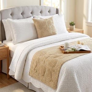 King / Queen / Twin Bed Runner Sea Theme Bed Scarf in Linen & Pearl Embroidery Quilted Bed Linen Foot Warmer Home Living - Off To The Sea
